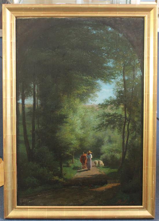 Joseph-Claude Bail (1862-1921) Cow herd on a lane in woodland and painted with faux arch, 36 x 24in.
